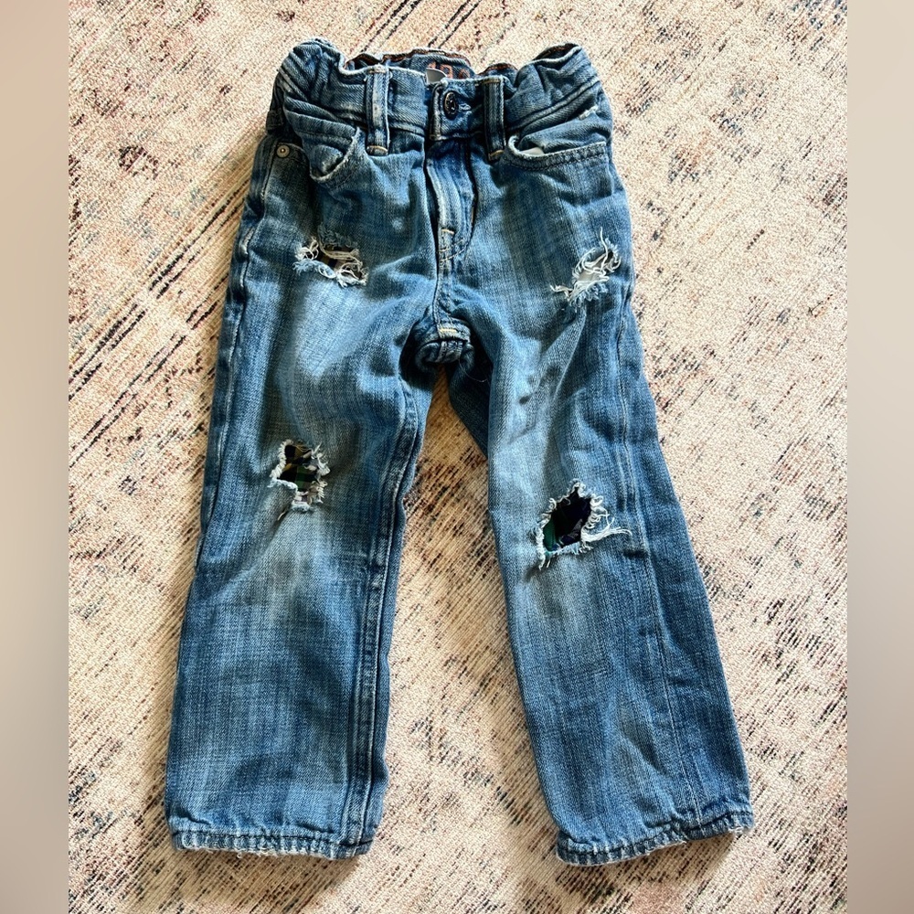 GAP Blue Distressed Jeans Straight-Leg Plaid Lined